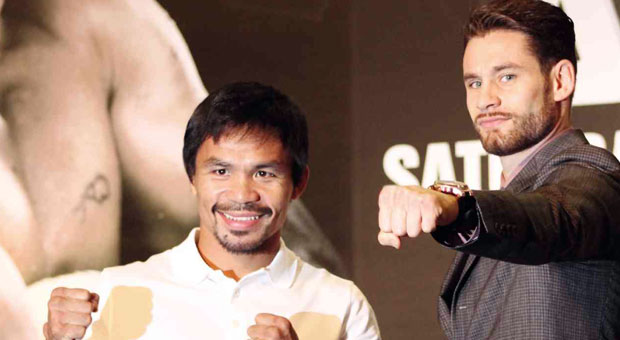 MANNY Pacquiao and challenger Chris Algieri strike a pose during yesterday’s press conference for their fight on Sunday in Macau. ROY LUARCA 