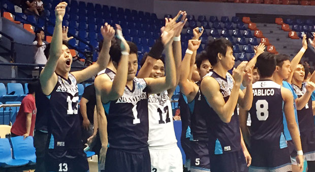 Adamson players celebrate after a big win over UST in the UAAP Season 77 men's volleyball tournament Saturday. Mark Giongco/INQUIRER.net