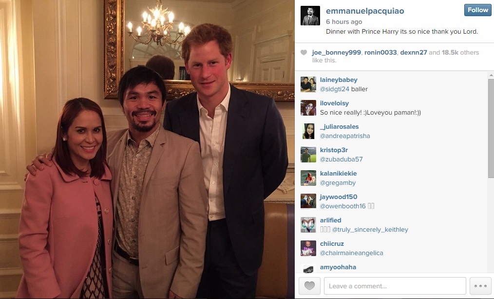 Manny Pacquiao is flanked by his wife Jinkee and Prince Harry. Screengrab from Pacquiao's Instagram account. 
