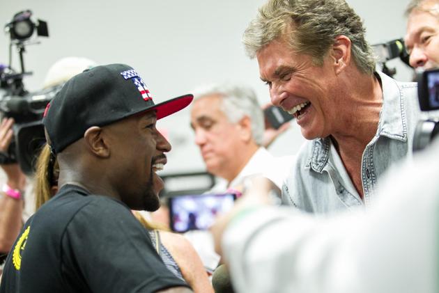Actor David Hasselhoff drops by at Floyd Mayweather Jr.'s media day at the welterweight champion's gym in Las Vegas.
