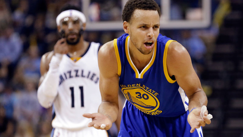 Golden State Warriors guard Stephen Curry (30) gestures as Memphis Grizzlies guard Mike Conley (11) walks behind during the second half of Game 6 of a second-round NBA basketball Western Conference playoff series Friday, May 15, 2015, in Memphis, Tenn. (AP Photo/Mark Humphrey)