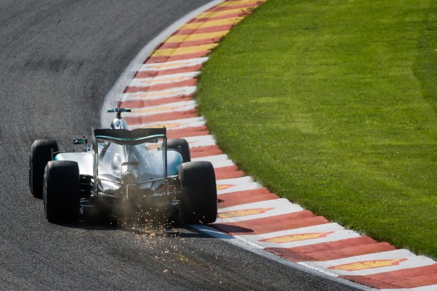 Mercedes driver Nico Rosberg of Germany drives his car during the first practice session at the Spa-Francorchamps circuit, Belgium, Friday, Aug. 21, 2015. The Belgium Formula One Grand Prix will be held on Sunday. (AP Photo/Geert Vanden Wijngaert)