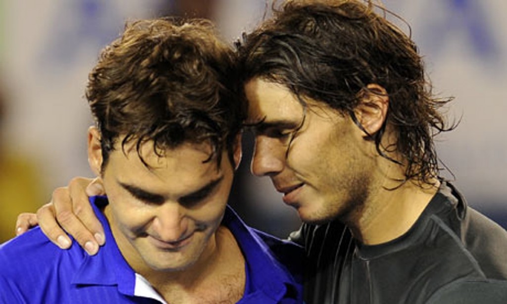 Rafael Nadal  hugs a defeated Roger Federer. AP