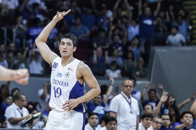 Ateneo's Von Pessumal celebrates after hitting one of his six 3-pointers against University of the East on Saturday at Mall of Asia Arena. Tristan Tamayo/INQUIRER.net