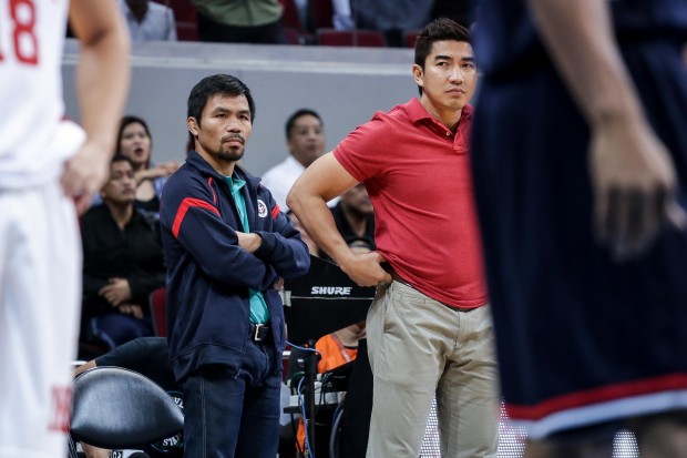 Team manager Manny Pacquiao and Letran head coach Aldin Ayo. Photo by Tristan Tamayo/INQUIRER.net