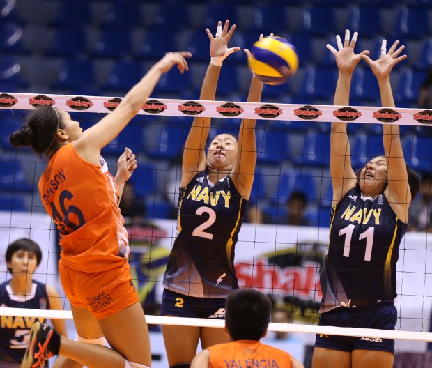 Navy’s defense composed of Pau Soriano (2) and Lilet Mabbayad. Contributed Photo