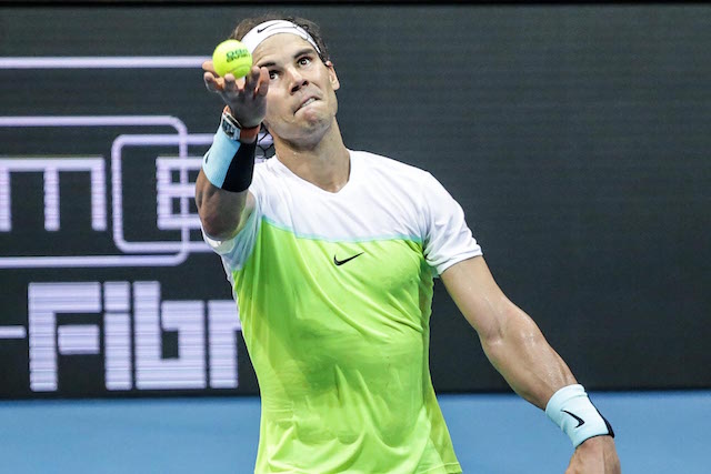 Rafael Nadal goes through his service patented service ritual during the Indian Aces' match against the UAE Royals in the 2015 IPTL Manila leg Monday night at Mall of Asia Arena. Tristan Tamayo/INQUIRER.net