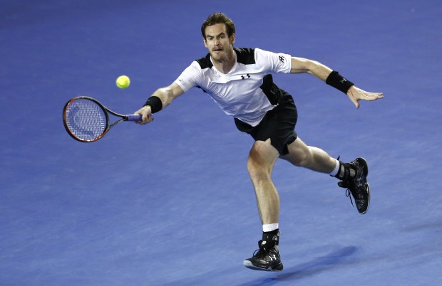 Andy Murray of Britain reaches for a forehand return to David Ferrer of Spain during their quarterfinal match at the Australian Open tennis championships in Melbourne, Australia, Wednesday, Jan. 27, 2016.(AP Photo/Rafiq Maqbool)