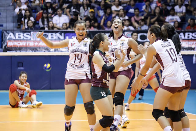 University of the Philippines celebrates during its straight-sets win over University of the East on Sunday, Jan. 31, 2016, in the opening day of the UAAP Season 78 women's volleyball tournament at San Juan Arena. Tristan Tamayo/INQUIRER.net
