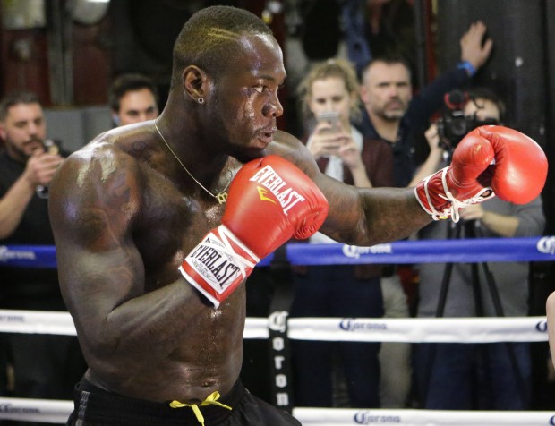 Deontay Wilder works out Tuesday, Jan. 12, 2016, in New York for his WBC heavyweight title boxing bout against Artur Szpilka, of Poland, in New York. (AP Photo/Frank Franklin II)