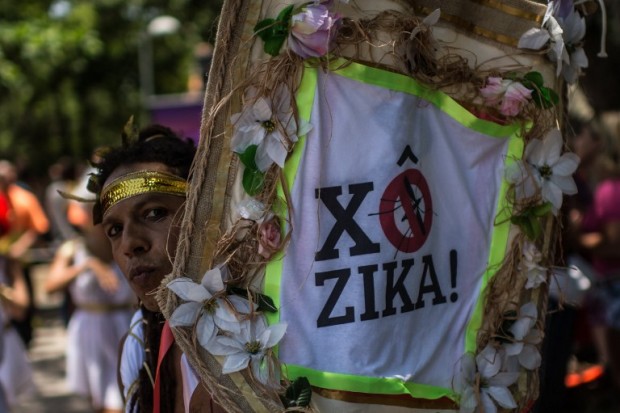 Revelers wearing Greek style costumes raise awareness of the need to prevent the spread of the Zika virus in the first carnival ''Bloco'' (street parade group) under the theme ''Rio: The Olympics are here'' on the streets of  Rio de Janeiro, Brazil on January 23, 2016. AFP PHOTO/Christophe SIMON / AFP / CHRISTOPHE SIMON