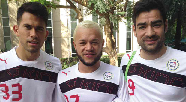 INQUIRER FILE PHOTO - Javier Patino, Stephan Schrock and Jerry Lucena (from left) beef up the Azkals against Azerbaijan on Wednesday night. CEDELF TUPAS
