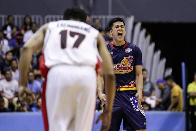 Rain or Shine's Jericho Cruz reacts after hitting a big 3-pointer against Alaska in the fourth quarter of Game 6 of the 2016 PBA Commissioner's Cup Finals on Wednesday, May 18, 2016, at Smart Araneta Coliseum. The Elasto Painters beat the Aces, 109-92, to win their second championship. Tristan Tamayo/INQUIRER.net