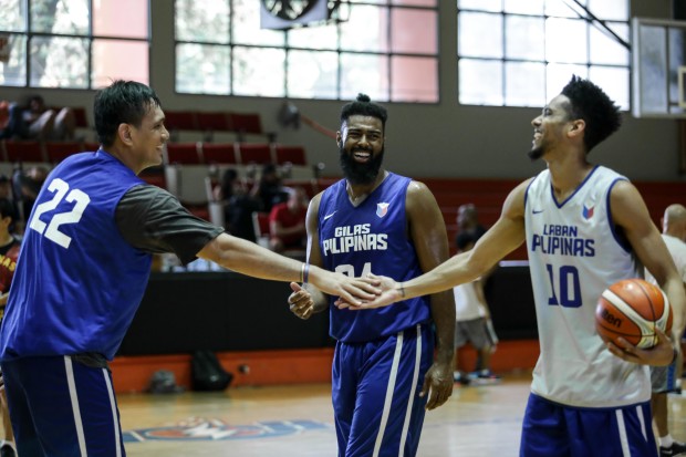 Gabe Norwood laughs around with June Mar Fajardo and Moala Tautuaa during Gilas practice. Photo by Tristan Tamayo/INQUIRER.net