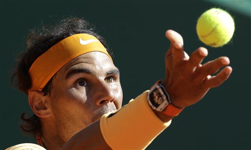 Spain's Rafael Nadal serves the ball to Andy Murray of Great Britain during their semi final match of the Monte Carlo Tennis Masters tournament in Monaco, Saturday, April 16, 2016. AP 