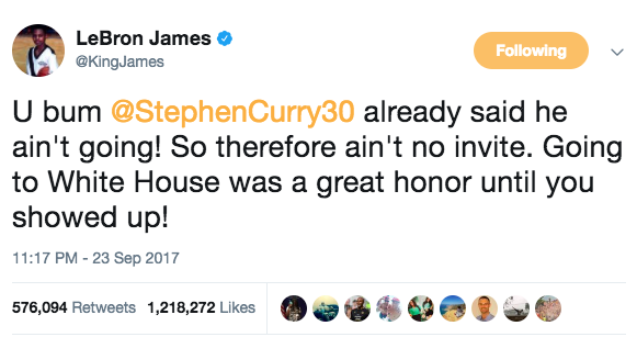 Image result for Lebron James's response to Trump's tweet about Stephen Curry