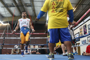 Manny Pacquiao skips ropes inside the Top Rank gym in Las Vegas, Nevada on Tuesday, April 5, 2016. Pacquiao is scheduled to fight Timothy Bradley Jr. for the third time on Saturday (Sunday in Manila). PHOTO BY REM ZAMORA