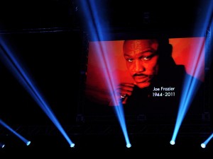 A video is shown in memory of boxer Joe Frazier, who died Monday before Manny Pacquiao takes on Juan Manuel Marquez in the WBO world welterweight title fight at the MGM Grand Garden Arena in Las Vegas, Nevada on November 12, 2011. AFP/HARRY HOW