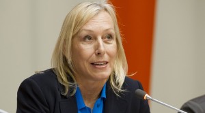 In this photo provided by the United Nations, U.S. Tennis Legend Martina Navratilova addresses a discussion on the theme, “Sport comes out against homophobia,” held in observance of Human Rights Day at United Nations headquarters, Tuesday, Dec. 10, 2013. Navratilova and former NBA player Jason Collins appeared at the U.N. to urge world sports bodies like the International Olympic Committee and FIFA to do more to support gay athletes during a special event celebrating International Human Rights Day. AP/The United Nations, Eskinder Debebe