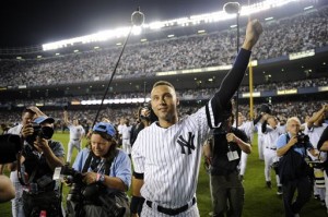 In this Sept. 21, 2008, file photo, New York Yankees' Derek Jeter acknowledges the crowd at Yankee Stadium in New York, after the Yankees played the Baltimore Orioles in the final regular season baseball game at the stadium. AP FILE PHOTO
