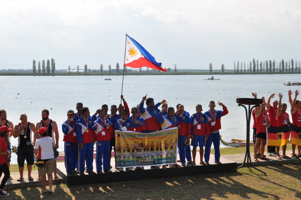 The Philippine Army Dragon Boat Team wins gold in the small boat category (200m) at the International Dragon Boat Federation Club Crews World Championships held in Ravenna, Italy on Friday, Sept. 5.  CONTRIBUTED PHOTO/Giorgo Minestrini 