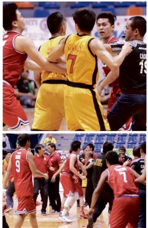 MAPUA’S Carlos Isit (second from left, top photo) confronts EAC’s John Tayongtong (facing camera),who responds with a punch that knocked down Isit and triggered the bench-clearing free-for-all (above) in their no-bearingNCAAgame yesterday at Filoil Flying VArena. AUGUST DELACRUZ