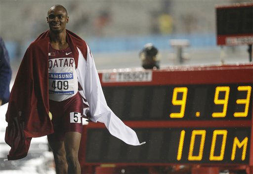 Qatar's Femi Ogunode stands by his race time after setting a games record in winning the men's 100 meters final at the 17th Asian Games in Incheon, South Korea, Sunday, Sept. 28, 2014. AP