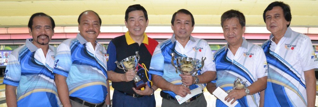 Officers of Sletba flank the winners in the Seniors class of the 18th Sletba Open. From left are Fred Martinez, Abel Ulanday, Sletba VP and president, respectively; Takihiro Yoshida, 1st runnerup; Mil Tan, champion; Sohrab Almajose, 2nd runnerup; and Frankie Uy, Sletba tournament director.