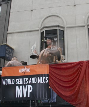 MVP Pitcher Madison Bumgarner shows off trophies.