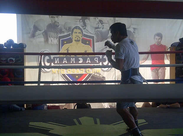 Manny Pacquiao goes through his shadow boxing routine inside the Wildcard Gym in General Santos City. Photo by Bong Lozada. 