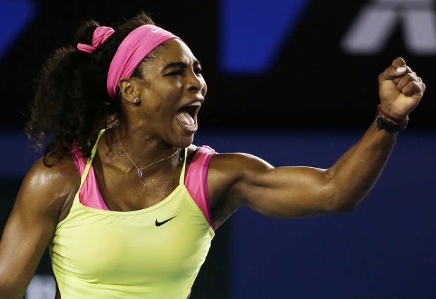 Serena Williams of US celebrates after winning a point against Maria Sharapova of Russia during the women's singles final at the Australian Open tennis championship in Melbourne, Australia, Jan. 31. AP