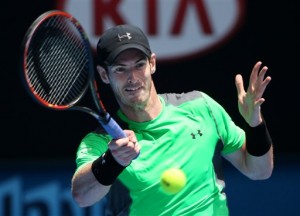 Andy Murray of Britain makes a forehand return to Yuki Bhambri of India during their first round match at the Australian Open tennis championship in Melbourne, Australia, Monday, Jan. 19, 2015. AP