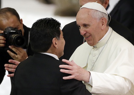 Football legend Diego Maradona shared a moment with Pope Francis, a football enthusiast, ahead of the inter-religious charity match for peace last year. AP 