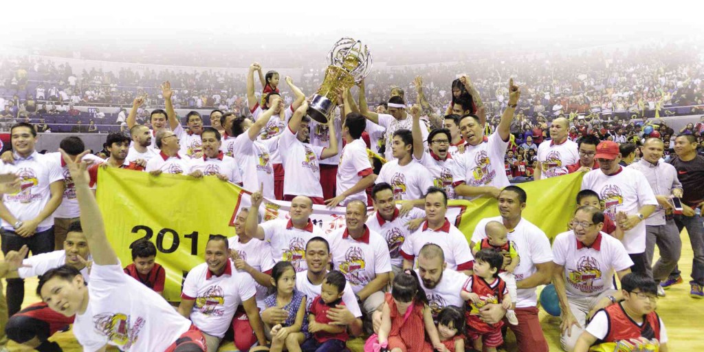 THE SAN Miguel Beermen and their supporters whoop it up after the “unbelievable” victory over the Alaska Aces Wednesday night. AUGUST DELA CRUZ