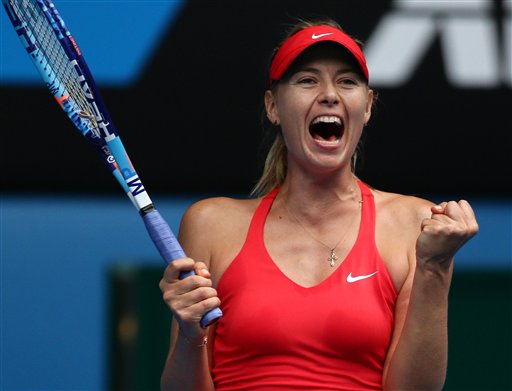 Maria Sharapova of Russia celebrates after defeating Eugenie Bouchard of Canada in their quarterfinal match at the Australian Open tennis championship in Melbourne, Australia, Tuesday. AP