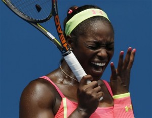 Sloane Stephens of the U.S. reacts during her first round match against Victoria Azarenka of Belarus at the Australian Open tennis championship in Melbourne, Australia, Tuesday. AP