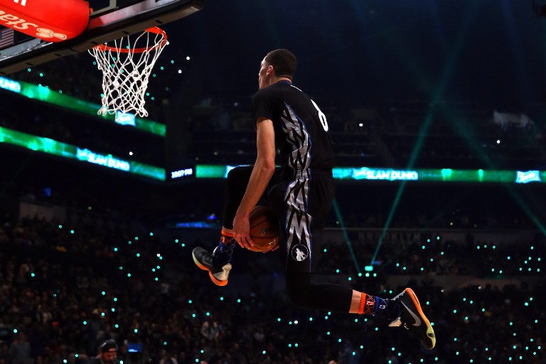  Zach LaVine #8 of the Minnesota Timberwolves competes during the Sprite Slam Dunk Contest as part of the 2015 NBA Allstar Weekend at Barclays Center on February 14, 2015 in the Brooklyn borough of New York City. Elsa/Getty Images/AFP