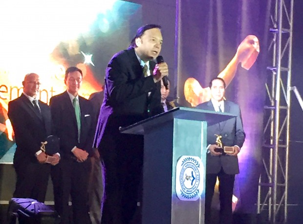 PBA Legend Robert "Sonny" Jaworski delivering a speech during the 2015 PSA Awards at the OneEsplanade in Pasay.