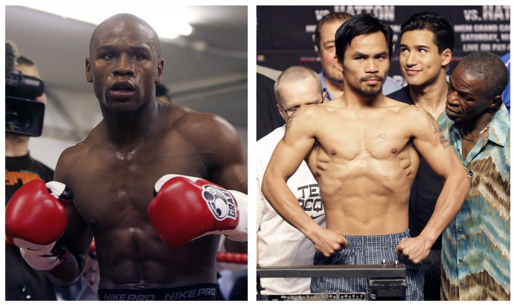 In this combination of file photos, Floyd Mayweather Jr., left, prepares to spar at a gym in east London on May 22, 2009, and Manny Pacquiao, right, of the Philippines, weighs in for the junior welterweight boxing match against British boxer Ricky Hatton, May 1, 2009, in Las Vegas. Floyd Mayweather Jr. will meet Manny Pacquiao on May 2, 2015 in a welterweight showdown that will be boxing's richest fight ever.  AP PHOTOS/ALASTAIR GRANT AND RICK BOWMER 