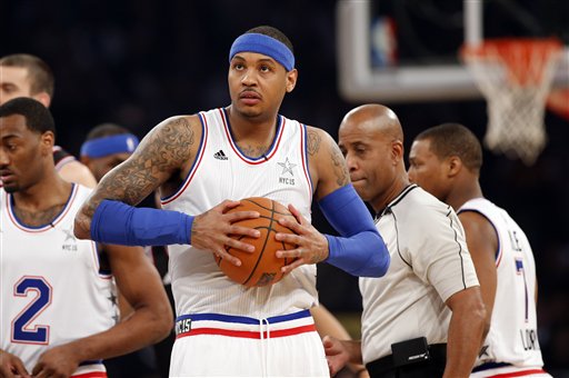 East Team's Carmelo Anthony, of the New York Knicks, holds a ball before the start of the NBA All-Star basketball game, Sunday, Feb. 15, 2015, in New York. (AP Photo/Kathy Willens)
