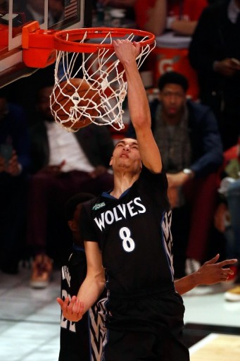 NEW YORK, NY - FEBRUARY 14: Zach LaVine #8 of the Minnesota Timberwolves competes during the Sprite Slam Dunk Contest as part of the 2015 NBA Allstar Weekend at Barclays Center on February 14, 2015 in the Brooklyn borough of New York City. NOTE TO USER: User expressly acknowledges and agrees that, by downloading and or using this photograph, User is consenting to the terms and conditions of the Getty Images License Agreement.   Jeff Zelevansky/Getty Images/AFP