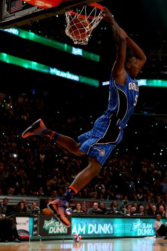 NEW YORK, NY - FEBRUARY 14: Victor Oladipo #5 of the Orlando Magic competes during the Sprite Slam Dunk Contest as part of the 2015 NBA Allstar Weekend at Barclays Center on February 14, 2015 in the Brooklyn borough of New York City. NOTE TO USER: User expressly acknowledges and agrees that, by downloading and or using this photograph, User is consenting to the terms and conditions of the Getty Images License Agreement.   Elsa/Getty Images/AFP