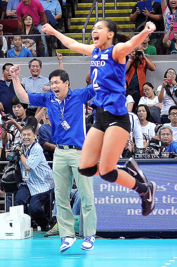 Alyssa Valdez jumps in joy along with Ateneo head coach Tai Bundit at the back. August Dela Cruz/INQUIRER.net