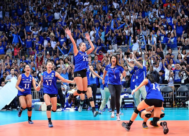 UAAP season 77 Womens Volleyball Champion Atenejubilant after the final score. August Dela Cruz/INQUIRER
