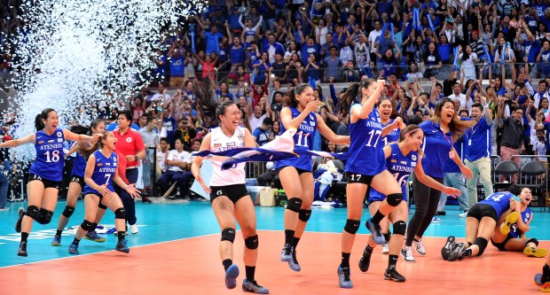 Ateneo Lady Eagles jump for joy after winning the UAAP volleyball title. August Dela Cruz/INQUIRER