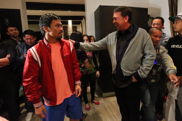 Senator Ralph Recto is greeted by Manny Pacquiao in his residence in Hollywood, CA on Friday night, 24 April 2015. PHOTO BY REM ZAMORA/ INQUIRER/