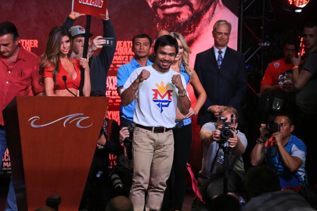Manny Pacquiao arrives at the fan rally at the Convention Center of Mandalay Bay Hotel in Las Vegas, Nevada on Tuesday, 28 April 2015. PHOTO BY REM ZAMORA