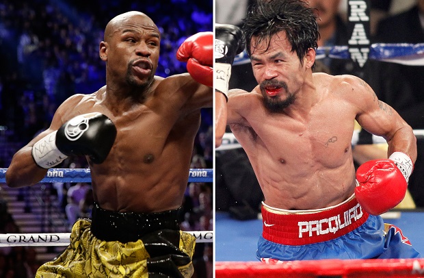 FILE - At left, in a May 4, 2013, file photo, Floyd Mayweather Jr. exchanges punches with Robert Guerrero (not shown) in a WBC welterweight title fight in Las Vegas. At right, in a Nov. 12, 2011, file photo, Manny Pacquiao exchanges punches with  Juan Manuel Marquez (not shown) during a WBO welterweight title fight in Las Vegas. Don't expect to snag a $1,500 nosebleed ticket _ or any other ticket _ at the box office for the fight between Floyd Mayweather Jr. and Manny Pacquiao. Just two weeks before the bout, tickets for the most anticipated fight in recent times have yet to go on public sale, with the two camps and the MGM Grand locked in a standoff over allotments. (AP Photo/Isaac Brekken, File)