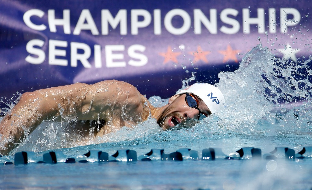 Michael Phelps competes in the men's 400-meter freestyle preliminary race, Friday, April 17, 2015, at the Arena Pro Swim Series in Mesa, Ariz. Phelps finished 17th in the preliminaries. AP Photo/Matt York