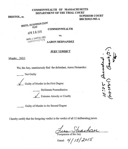 This document released by the Massachusetts Supreme Judicial Court, shows the jury's verdict of first degree murder against former New England Patriots football player Aaron Hernandez, rendered at Bristol County Superior Court Wednesday, April 15, 2015, in Fall River, Mass. AP